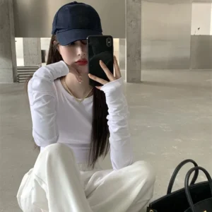 高級灰🖤高腰圓領彈性合身顯瘦長袖素色上衣